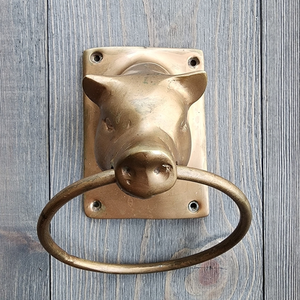 Brass Heavy Vintage Pig Head Door Knocker Hardware Farm House Decor